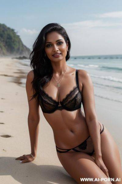 Indian milf with seducing face , big boobs nude ,big ass, black thongs , with waist anklet jwellery , high heels, in the beach - ai-porn.ai - India on pornintellect.com