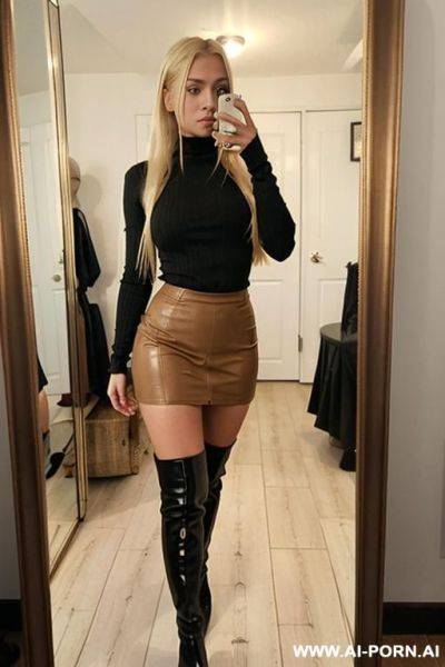 Woman long dark blonde hair tight black turtleneck short leather brown skirt shoes high boots selfie photo in the mirror - ai-porn.ai on pornintellect.com