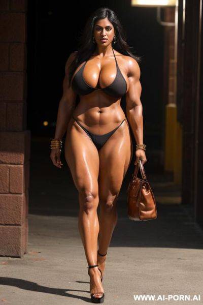 Ripped monstrous muscular indian with colossal boobs , monstrous muscles, tall, monstrous body, monstrous legs, dreanched in oil, walking wearing high heels, full body shot, sexy oiled massive boobs, - ai-porn.ai - India on pornintellect.com