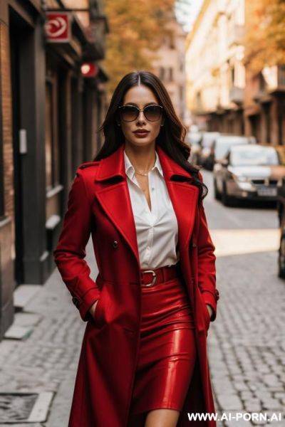 Elegant italian red coat sunglasses shirt forest - ai-porn.ai - Italy on pornintellect.com