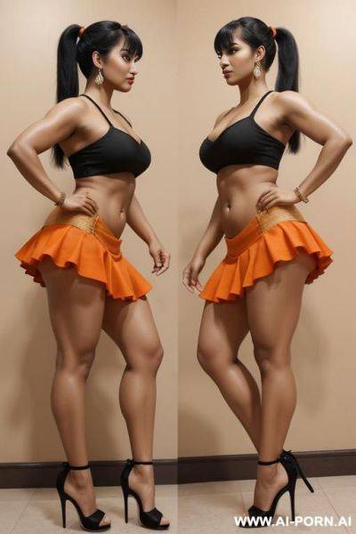 Indians, 20 years, black hair, short ponytail, bangs, abs, orange vra, orange frilly skirt, navel piercing, tall, thick ass, thick thighs, heels, side view, muscular arms - ai-porn.ai - India on pornintellect.com