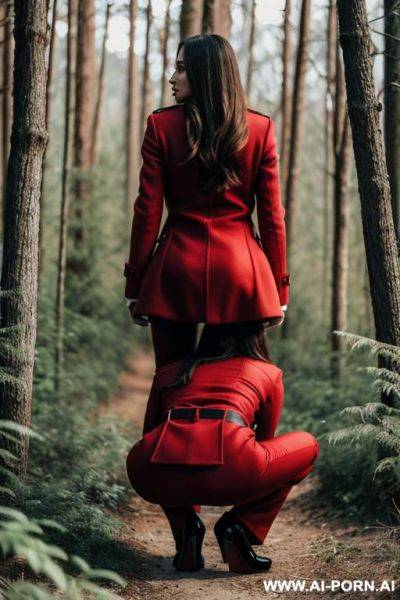 Elegant, italian, red long coat, forest, behind scrub bushes, squatting, - ai-porn.ai - Italy on pornintellect.com