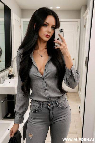 Woman long hair gray jeans black blouse selfie photo in the mirror - ai-porn.ai on pornintellect.com