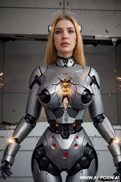 Two busty blonde robots fighting, (sparks from robotic parts inside damaged torso:1.3) - ai-porn.ai on pornintellect.com