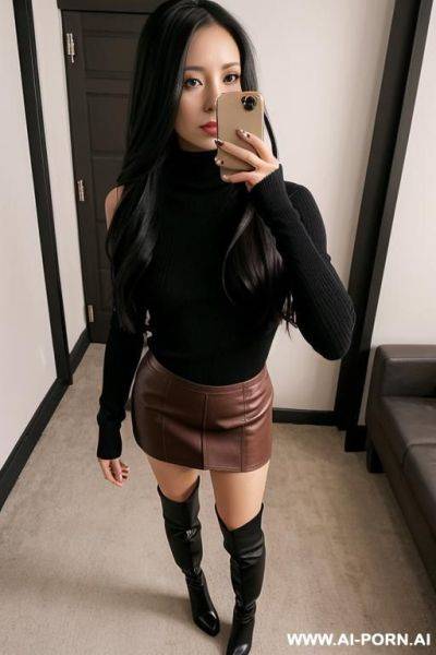 Woman long hair tight black turtleneck short leather brown skirt shoes high boots selfie - ai-porn.ai on pornintellect.com