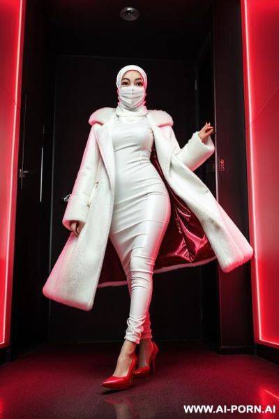 Sexy hijab woman wearing a white mask, wearing hijab fur long coat, wearing sexy high heels shoes, in red devil light flashing room, in wet dream cursed nightmare - ai-porn.ai on pornintellect.com