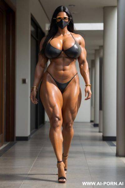 Ripped monstrous muscular indian giantess with colossal boobs , monstrous muscles, giant tall, monstrous body, monstrous legs, covering face with mask and glasses, dreanched in oil, walking wearing high heels, full body shot, sexy oiled massive boobs, - ai-porn.ai - India on pornintellect.com