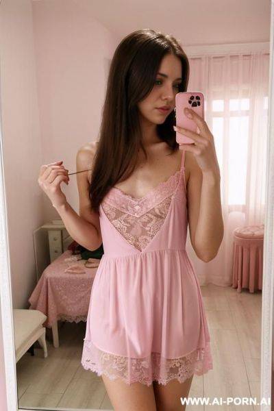 Woman, long hair, short lace nightdress pink selfie photo in the mirror - ai-porn.ai on pornintellect.com