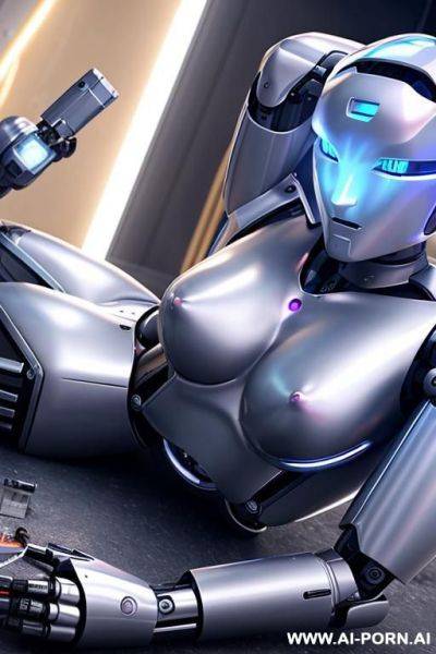 Blonde robot damaged in a battle, lying on the ground, (sparks from robotic parts inside torso:1.3) - ai-porn.ai on pornintellect.com