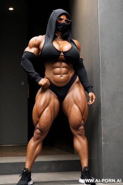 Ripped monstrous muscular indian giantess with colossal boobs wearing tight hoodie, monstrous muscles, giant tall, monstrous body, monstrous legs, covering face with mask and glasses - ai-porn.ai - India on pornintellect.com