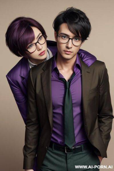 Anime, a woman with tousled short hair, green eyes, a red shirt, tie, and a black jacket, next to her is a guy in a shirt with a purple jacket, brown bangs, and round glasses. they fuck - ai-porn.ai on pornintellect.com