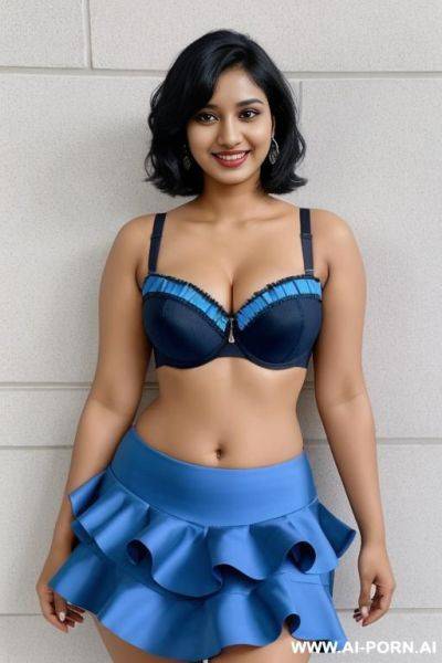 Indians, 20 years, black hair, short messy hair, thick body, thick ass, blue bra, blue frilly skirt, navel piercing, smile, looking at camera, heels - ai-porn.ai - India on pornintellect.com