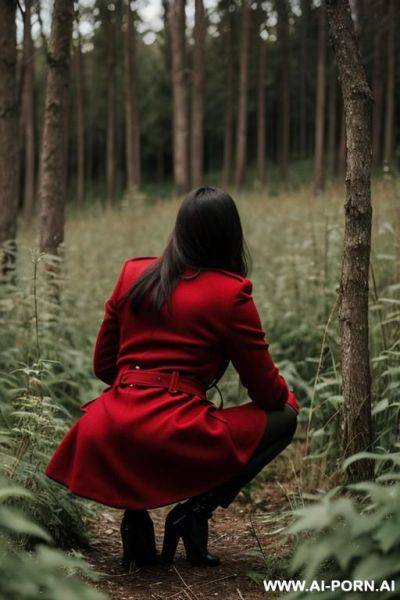 Elegant, italian, red long coat, forest, weeds, bushes, squatting, - ai-porn.ai - Italy on pornintellect.com