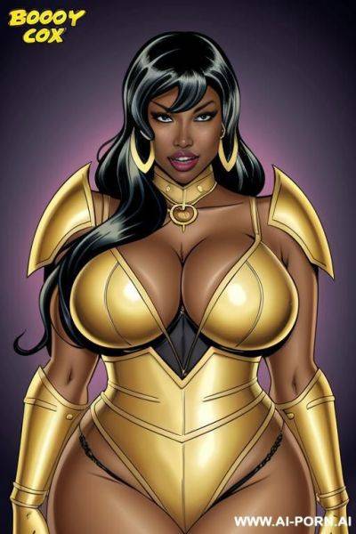 (((cartoon comics art))), ((high fantasy)), black woman, bbw, wearing golden armor, boobs out - ai-porn.ai on pornintellect.com