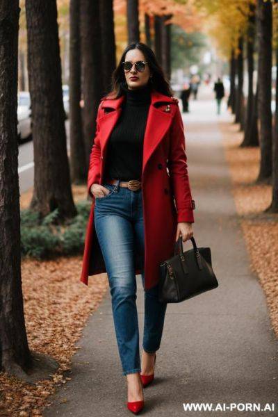 Italian red coat sunglasses shirt jeans forest - ai-porn.ai - Italy on pornintellect.com