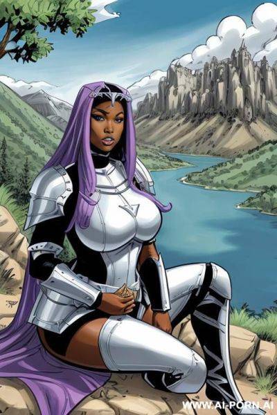 (((cartoon comics art))), ((high fantasy)), black woman, bbw, wearing white armor, sitting on mountainside, looking directly at a lake, sword stuck in ground nearby - ai-porn.ai on pornintellect.com