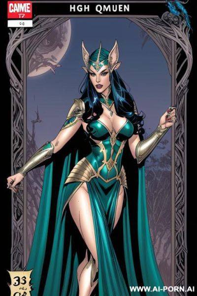 (((comics art))), ((high fantasy)), regal elven queen, long flowing dress - ai-porn.ai on pornintellect.com