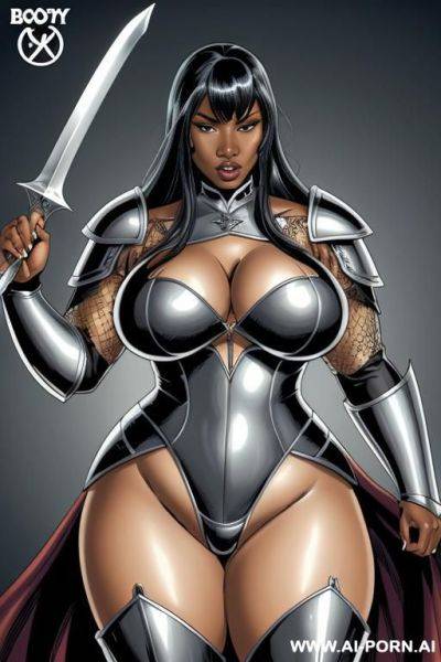 (((cartoon comics art))), ((high fantasy)), black woman, bbw, wearing silver armor, ((boobs out)), holding sword - ai-porn.ai on pornintellect.com