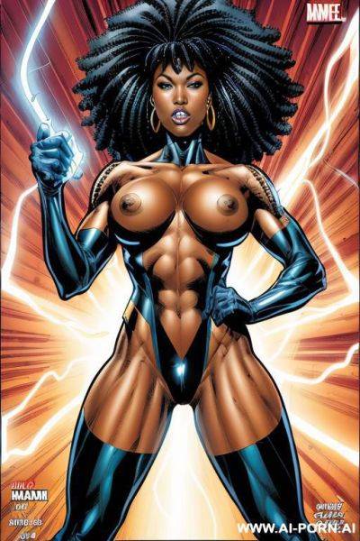 (((comics art))), black woman, tall, fit amazon woman, super hero, nude, electricity powers - ai-porn.ai on pornintellect.com