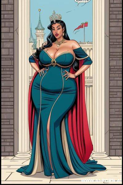 (((cartoon comics art))), ((high fantasy)), regal bbw queen, long flowing dress, palace background - ai-porn.ai on pornintellect.com