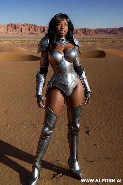 (((cartoon comics art))), ((high fantasy)), ((black woman)), wearing white metal armor, desert background - ai-porn.ai on pornintellect.com