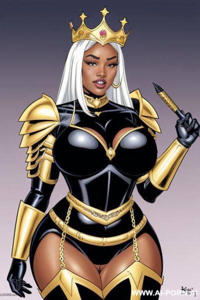 (((cartoon comics art))), ((high fantasy)), ((black woman)), queen, bbw, with crown, wearing golden armor - ai-porn.ai on pornintellect.com