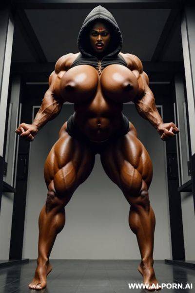 Ripped monstrous muscular indian giantess with colossal boobs wearing tight hoodie, monstrous muscles, giant tall, monstrous body, monstrous legs, - ai-porn.ai - India on pornintellect.com