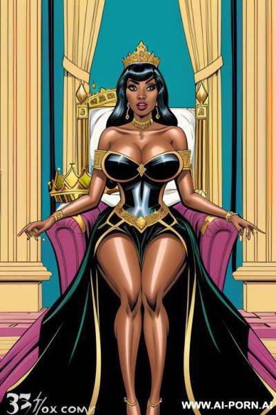 (((cartoon comics art))), ((high fantasy)), ((black woman)), queen, with crown, long flowing dress, palace background, sitting on throne - ai-porn.ai on pornintellect.com