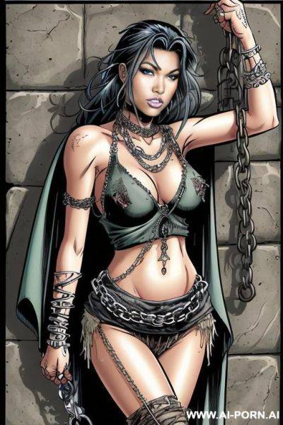 (((cartoon comics art))), ((high fantasy)), woman wearing ragged tattered clothes , wrapped in many chains, restra - ai-porn.ai on pornintellect.com