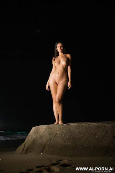 Beach, night, totally naked, barefoot, stand on ledge, spread wide, low angle shot - ai-porn.ai on pornintellect.com