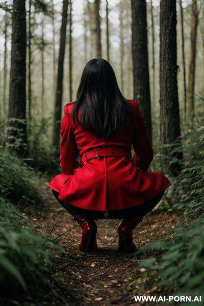 Elegant, italian, red coat, forest, weeds, bushes, squatting, pussy dripping - ai-porn.ai - Italy on pornintellect.com