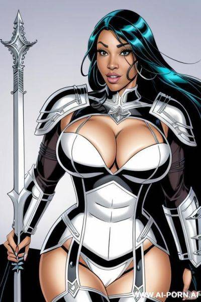 (((cartoon comics art))), ((high fantasy)), ((black woman)), ssbbw, wearing white metal armor, resting on sword - ai-porn.ai on pornintellect.com