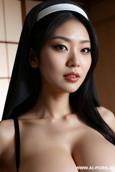 Nun, japanese woman , beautiful super detailed face , extremely massive boobs ,open dress, no nude boobs, no nude. - ai-porn.ai - Japan on pornintellect.com