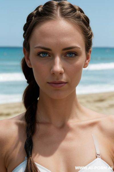 White, blue eyes, athletic, bikini, beach, braided hair - ai-porn.ai on pornintellect.com