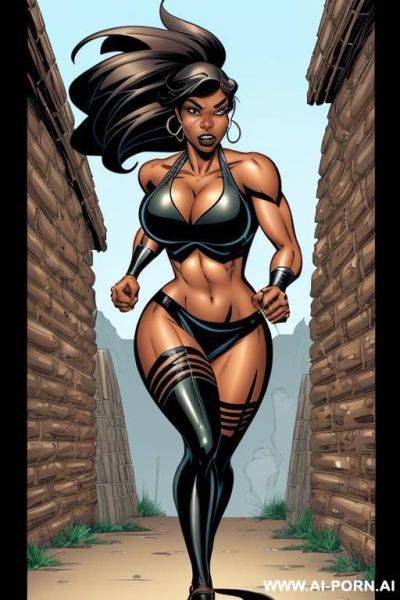 (((cartoon comics art))), ((high fantasy)), toned fit, black woman, fighter, running - ai-porn.ai on pornintellect.com