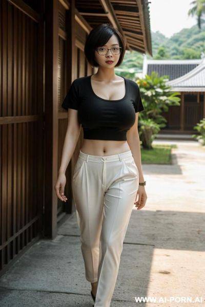 Thailand, chinese woman ((big breasts)), short bob hair, glasses, walking in front of the house, fence, t-shirt, bare bottom (((showing pussy))) - ai-porn.ai - China on pornintellect.com