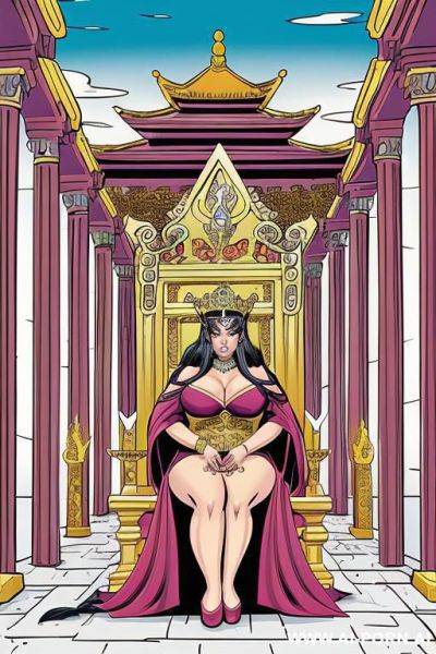 (((cartoon comics art))), ((high fantasy)), bbw queen, in temple, sitting on throne - ai-porn.ai on pornintellect.com