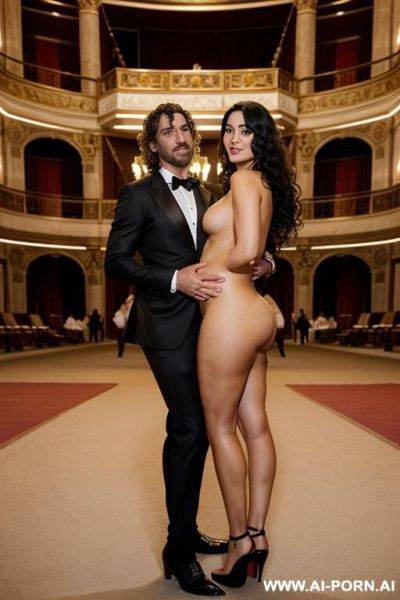 Inside a beautiful opera with carpets, a lot of spectators. completely naked beautiful pregnant woman with italian beauty, in red high heels, black curls, breasts, hands and a man with long hair in an elegant suit holds a woman by the ass - ai-porn.ai - Italy on pornintellect.com