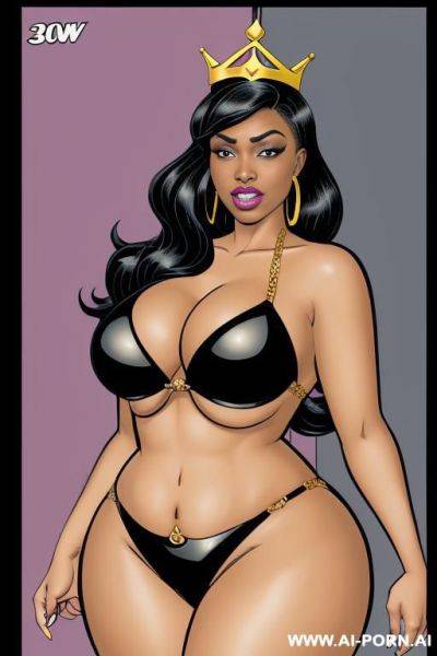 (((cartoon comics art))), ((high fantasy)), ((black woman)), queen, bbw, with crown, wearing leather bikini - ai-porn.ai on pornintellect.com