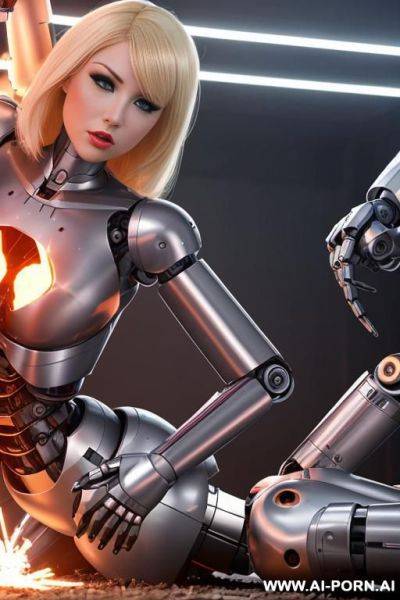 Blonde robot damaged in a battle, lying on the ground, (sparks from robotic parts inside torso:1.3) - ai-porn.ai on pornintellect.com