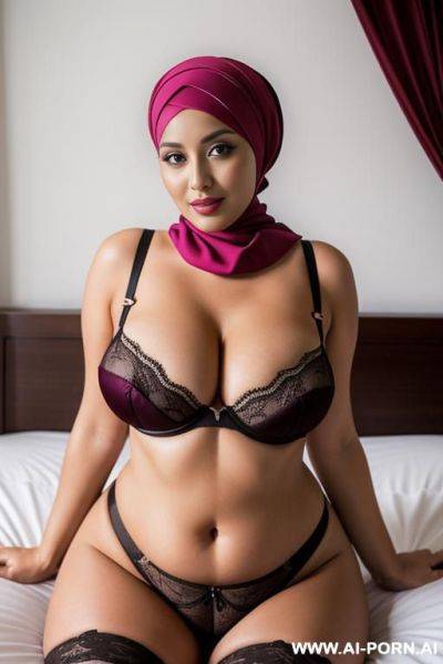 Busty curvy woman with headscarf wearing garter and crotchless thong lay down on the bed - ai-porn.ai on pornintellect.com