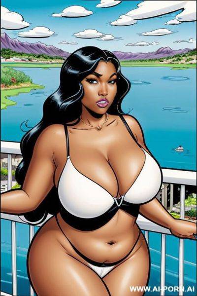 (((cartoon comics art))), ((high fantasy)), black woman, bbw, cleavage, on balcony overlooking a lake - ai-porn.ai on pornintellect.com