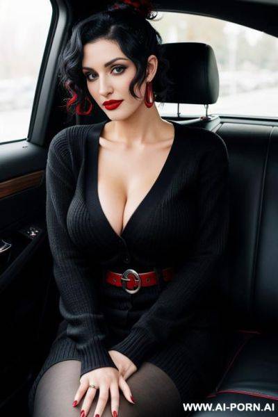 Turkish woman with big loop lip piercings short curly hair in a ponytail, wearing a black with red sweater and navy pants with a black belt, who’s into cars - ai-porn.ai - Turkey on pornintellect.com