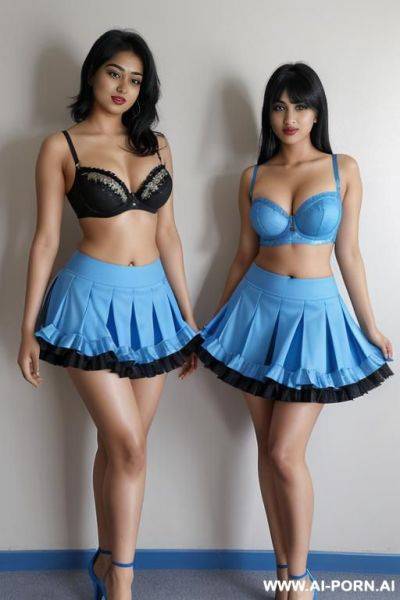 Indians, 20 years, black hair, short messy hair, thick body, thick ass, blue bra, blue frilly skirt, navel piercing, kissing, blue heels, thick legs, tall - ai-porn.ai - India on pornintellect.com