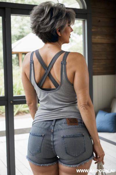 Back view, 0 year old grandma, full body, standing, short gray hair, lady, very visible signs of age, triangle hips, thick thighs, wearing blue jean shorts, white tank top, hands on waist - ai-porn.ai on pornintellect.com