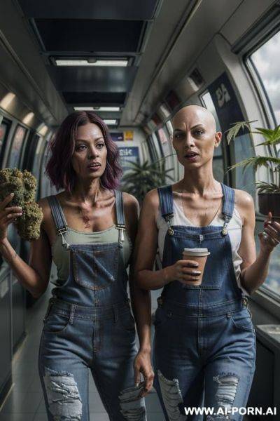 The image depicts two female zombie characters in the foreground, wearing denim overalls and tank tops, with ripped jeans, holding a potted cannabis plant in their hands. in the background, there is a dense forest of cannabis plants with a cloudy sky. - ai-porn.ai on pornintellect.com