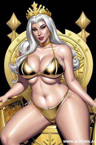 (((cartoon comics art))), ((high fantasy)), bbw queen, regal look, white hair, wearing ((golden metal bikini)), sitting on royal throne - ai-porn.ai on pornintellect.com