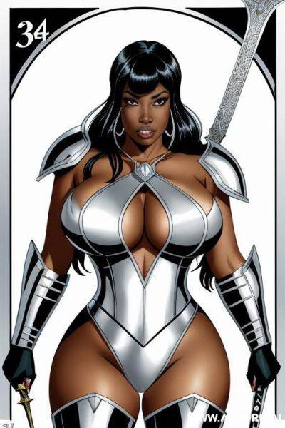 (((cartoon comics art))), ((high fantasy)), ((black woman)), bbw, wearing white metal armor, resting on sword - ai-porn.ai on pornintellect.com