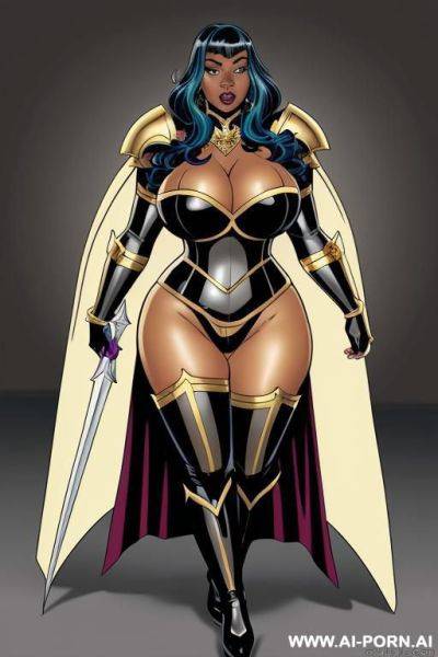 (((cartoon comics art))), ((high fantasy)), black woman, bbw, wearing golden armor - ai-porn.ai on pornintellect.com