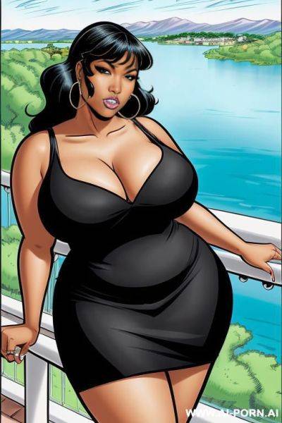 (((cartoon comics art))), ((high fantasy)) black woman, bbw, cotton dress, cleavage, on balcony overlooking a lake - ai-porn.ai on pornintellect.com